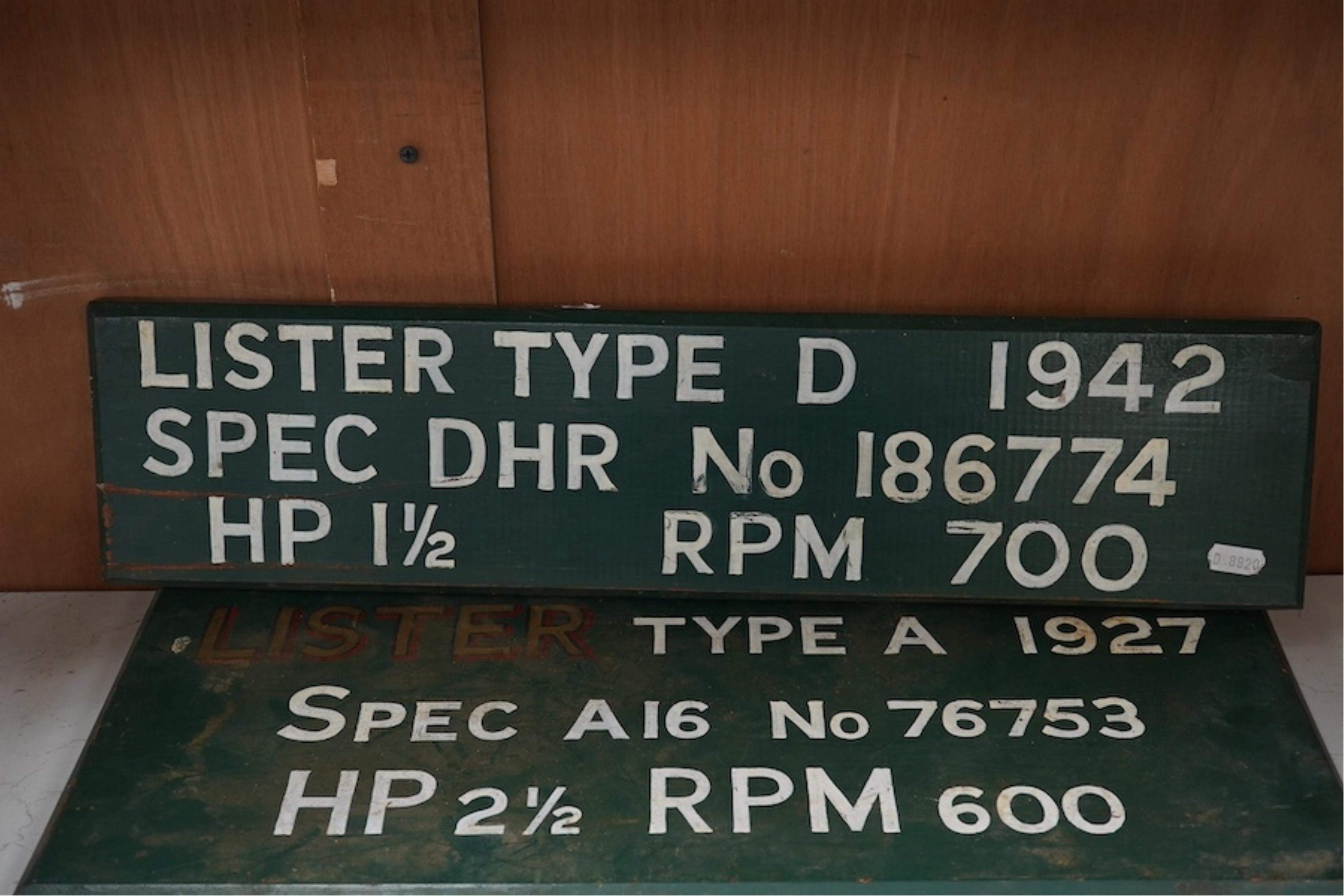 Four Lister engine painted wooden signs, dated: 1927 1933 1942 and 1951. Widest 56cm. Condition - worn in places